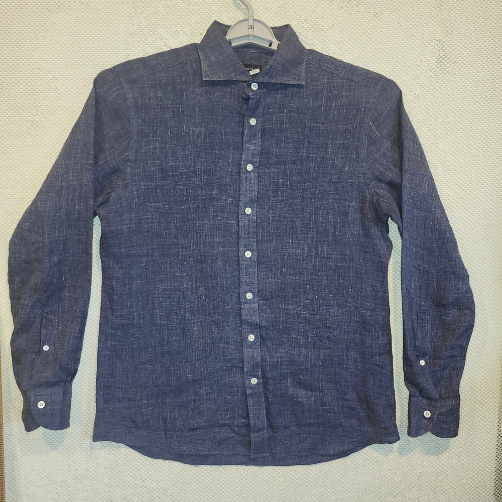 Proper Cloth Mens Navy Blue 100% Linen Long Sleeve Button Down Shirt 16.5